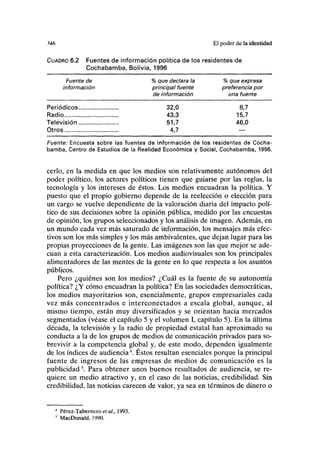 346 El poder de la identidad
CUADRO 6.2 Fuentes de información política de los residentes de
Cochabamba, Bolivia, 1996
Fuente de % que declara la % que expresa
información principal fuente preferencia por
de información una fuente
Periódicos 32,0 8,7
Radio 43,3 15,7
Televisión 51,7 46,0
Otros 4,7 —
Fuente: Encuesta sobre las fuentes de información de los residentes de Cocha-
bamba, Centro de Estudios de la Realidad Económica y Social, Cochabamba, 1996.
cerlo, en la medida en que los medios son relativamente autónomos del
poder político, los actores políticos tienen que guiarse por las reglas, la
tecnología y los intereses de éstos. Los medios encuadran la política. Y
puesto que el propio gobierno depende de la reelección o elección para
un cargo se vuelve dependiente de la valoración diaria del impacto polí-
tico de sus decisiones sobre la opinión pública, medido por las encuestas
de opinión, los grupos seleccionados y los análisis de imagen. Además, en
un mundo cada vez más saturado de información, los mensajes más efec-
tivos son los más simples y los más ambivalentes, que dejan lugar para las
propias proyecciones de la gente. Las imágenes son las que mejor se ade-
cúan a esta caracterización. Los medios audiovisuales son los principales
alimentadores de las mentes de la gente en lo que respecta a los asuntos
públicos.
Pero ¿quiénes son los medios? ¿Cuál es la fuente de su autonomía
política? ¿Y cómo encuadran la política? En las sociedades democráticas,
los medios mayoritarios son, esencialmente, grupos empresariales cada
vez más concentrados e interconectados a escala global, aunque, al
mismo tiempo, están muy diversificados y se orientan hacia mercados
segmentados (véase el capítulo 5 y el volumen I, capítulo 5). En la última
década, la televisión y la radio de propiedad estatal han aproximado su
conducta a la de los grupos de medios de comunicación privados para so-
brevivir a la competencia global y, de este modo, dependen igualmente
de los índices de audiencia4
. Éstos resultan esenciales porque la principal
fuente de ingresos de las empresas de medios de comunicación es la
publicidad5
. Para obtener unos buenos resultados de audiencia, se re-
quiere un medio atractivo y, en el caso de las noticias, credibilidad. Sin
credibilidad, las noticias carecen de valor, ya sea en términos de dinero o
4
Pérez-Tabernero et al., 1993.
' MacDonald, 1990.
 