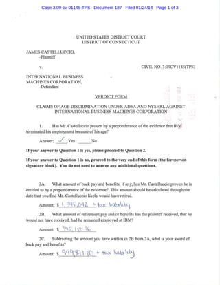 Case 3:09-cv-01145-TPS Document 187 Filed 01/24/14 Page 1 of 3

UNITED STATES DISTRICT COURT
DISTRICT OF CONNECTICUT
JAMES CASTELLUCCIO,
-Plaintiff
CIVIL NO. 3:09CVl145(TPS)

v.

INTERNATIONAL BUSINESS
MACHINES CORPORATION,
-Defendant

.,
~

CLAIMS OF AGE DISCRIMINATION UNDER ADEA AND NYSHRL AGAINST
INTERNATIONAL BUSINESS MACHINES CORPORATION :
.~J

_

,

J

,

1.
Has Mr. Castelluccio proven by a preponderance ofthe evidence that IB
terminated his employment because of his age?

Answer:

. / Yes

No

If your answer to Question 1 is yes, please proceed to Question 2.
If your answer to Question 1 is no, proceed to the very end of this form (the foreperson

signature block). You do not need to answer any additional questions.

2A.
What amount of back pay and benefits, if any, has Mr. Castelluccio proven he is
entitled to by a preponderance ofthe evidence? This amount should be calculated through the
date that you find Mr. Castelluccio likely would have retired.
Amount: $  ' 3Ys ,D4 L

l.

-tGL)( @ -c~

2B.
What amount of retirement pay and/or benefits has the plaintiff received, that he
would not have received, had he remained employed at IBM?
Amount: $

.51. r;-" I SO· 3b

2C.
Subtracting the amount you have written in 2B from 2A, what is your award of
back pay and benefits?
Amount: $

qq 9 :~ l  - D + --0...)<. h~b ~
1

 