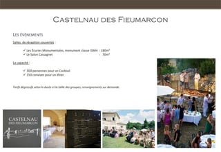 Castelnau des Fieumarcon
LES ÉVÈNEMENTS
Salles de réception couvertes :

         Les Écuries Monumentales, monument classe ISMH : 180m²
         Le Salon Cassagnet                             : 70m²

La capacité :

         300 personnes pour un Cocktail
         150 convives pour un dîner


Tarifs dégressifs selon la durée et la taille des groupes, renseignements sur demande.
 