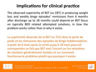  	
  
Directeurs	
  de	
  recherche	
  :	
  	
  
Teresa	
  GARCIA-­‐RIVERA	
  –	
  Wendel	
  RAY	
  –	
  Grégoire	
  VITRY	
  –	
  Yves	
  WINKIN	
  
In	
  partnership	
  with	
  
STC	
  Arezzo	
  	
  	
  
The	
  observed	
  superiority	
  of	
  BST	
  (vs	
  CBT)	
  in	
  producing	
  weight	
  
loss	
   and	
   weekly	
   binge	
   episodes’	
   remissions	
   from	
   6	
   months	
  
aXer	
  discharge	
  up	
  to	
  18	
  months	
  could	
  depend	
  on	
  BST	
  focus	
  
on	
   typically	
   BED	
   related	
   aaempted	
   soluGons,	
   in	
   how	
   the	
  
problem	
  works	
  rather	
  than	
  in	
  why	
  it	
  exists.	
  
	
  
La	
  supériorité	
  observée	
  de	
  la	
  BST	
  (vs	
  TCC)	
  dans	
  la	
  perte	
  de	
  
poids	
  et	
  les	
  rémissions	
  des	
  épisodes	
  de	
  binge	
  hebdomadaires	
  
à	
  parGr	
  de	
  6	
  mois	
  après	
  la	
  sorGe	
  jusqu'à	
  18	
  mois	
  pourrait	
  
correspondre	
  au	
  fait	
  que	
  BST	
  met	
  l’accent	
  sur	
  les	
  tentaGves	
  
de	
  soluGons	
  généralement	
  tentées	
  et	
  sur	
  comment	
  
foncGonne	
  le	
  problème	
  plutôt	
  que	
  pourquoi	
  il	
  existe.	
  
Implica6ons	
  for	
  clinical	
  prac6ce	
  	
  
 