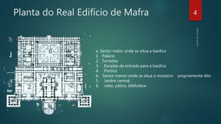 Planta do Real Edifício de Mafra 4
a. Sector maior onde se situa a basílica
1. Palácio
2. Torreões
3. Escadas da entrada para a basílica
4. Portico
b. Sector menor onde se situa o mosteiro propriamente dito
5. Jardim central
6. celas, pátios, biblioteca
 