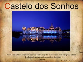 Passo 6 na lista de trabalho: Decorar com o carpete, os móveis e com o fogo da lareira. Traduzindo para relacionamentos, significa:  Ternura C astelo dos Sonhos 