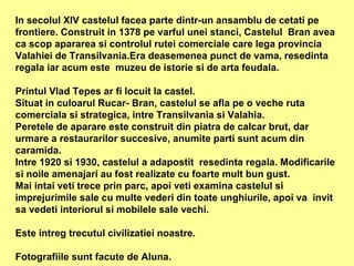 In secolul XIV castelul facea parte dintr-un ansamblu de cetati pe  frontiere. Construit in 1378 pe varful unei stanci, Castelul  Bran avea ca scop apararea si controlul rutei comerciale care lega provincia  Valahiei de Transilvania.Era deasemenea punct de vama, resedinta regala iar acum este  muzeu de istorie si de arta feudala.  Printul Vlad Tepes ar fi locuit la castel.  Situat in culoarul Rucar- Bran, castelul se afla pe o veche ruta comerciala si strategica, intre Transilvania si Valahia. Peretele de aparare este construit din piatra de calcar brut, dar urmare a restaurarilor succesive, anumite parti sunt acum din caramida.  Intre 1920 si 1930, castelul a adapostit  resedinta regala. Modificarile si noile amenajari au fost realizate cu foarte mult bun gust. Mai intai veti trece prin parc, apoi veti examina castelul si imprejurimile sale cu multe vederi din toate unghiurile, apoi va  invit sa vedeti interiorul si mobilele sale vechi. Este intreg trecutul civilizatiei noastre. Fotografiile sunt facute de Aluna. 