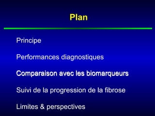 Plan

Principe

Performances diagnostiques

Comparaison avec les biomarqueurs

Suivi de la progression de la fibrose

Limites & perspectives
 