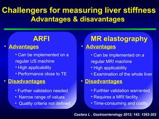Challengers for measuring liver stiffness
            Advantages & disavantages

             ARFI                             MR elastography
• Advantages                             • Advantages
    • Can be implemented on a                 • Can be implemented on a
    regular US machine                        regular MRI machine
    • High applicability                      • High applicability
    • Performance close to TE                 • Examination of the whole liver
• Disadvantages                          • Disadvantages
    • Further validation needed               • Furthter validation warranted
    • Narrow range of values                  • Requires a MRI facility
    • Quality criteria not defined            • Time-consuming and costly

                                     Castera L . Gastroenterology 2012; 142: 1293-302
 