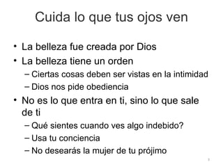 Cuida lo que tus ojos ven La belleza fue creada por Dios La belleza tiene un orden Ciertas cosas deben ser vistas en la intimidad Dios nos pide obediencia No es lo que entra en ti, sino lo que sale de ti Qué sientes cuando ves algo indebido? Usa tu conciencia No desearás la mujer de tu prójimo