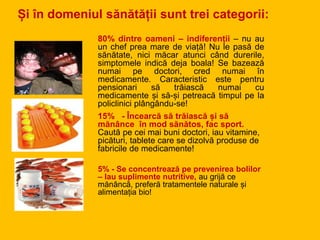 Și în domeniul sănătății sunt trei categorii:
80% dintre oameni – indiferenții – nu au
un chef prea mare de viață! Nu le pasă de
sănătate, nici măcar atunci când durerile,
simptomele indică deja boala! Se bazează
numai pe doctori, cred numai în
medicamente. Caracteristic este pentru
pensionari să trăiască numai cu
medicamente și să-și petreacă timpul pe la
policlinici plângându-se!
15% - Încearcă să trăiască și să
mănânce în mod sănătos, fac sport.
Caută pe cei mai buni doctori, iau vitamine,
picături, tablete care se dizolvă produse de
fabricile de medicamente!
5% - Se concentrează pe prevenirea bolilor
– Iau suplimente nutritive, au grijă ce
mănâncă, preferă tratamentele naturale și
alimentația bio!
 
