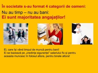 Nu au timp – nu au bani:
Ei sunt majoritatea angajaților!
În societate s-au format 4 categorii de oameni:
Ei, care își vând timpul de muncă pentru bani!
Ei se bazează pe „credința siguranței” salariului fix și pentru
aceasta muncesc în folosul altora, pentru binele altora!
 