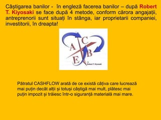 Câștigarea banilor - în engleză facerea banilor – după Robert
T. Kiyosaki se face după 4 metode, conform cărora angajații,
antreprenorii sunt situați în stânga, iar proprietarii companiei,
investitorii, în dreapta!
Pătratul CASHFLOW arată de ce există câțiva care lucrează
mai puțin decât alții și totuși câștigă mai mult, plătesc mai
puțin impozit și trăiesc într-o siguranță materială mai mare.
 