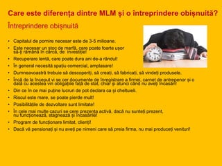 Care este diferența dintre MLM și o întreprindere obișnuită?
Întreprindere obișnuită
• Capitalul de pornire necesar este de 3-5 milioane.
• Este necesar un stoc de marfă, care poate foarte ușor
să-ți rămână în cârcă, de investiție!
• Recuperare lentă, care poate dura ani de-a rândul!
• În general necesită spațiu comercial, amplasare!
• Dumneavoastră trebuie să descoperiți, să creați, să fabricați, să vindeți produsele.
• Încă de la început vi se cer documente de înregistrare a firmei, carnet de antrepenor și o
dată cu acestea vin obligațiile față de stat, chiar și atunci când nu aveți încasări!
• Din ce în ce mai puține lucruri de pot declara ca și cheltuieli.
• Riscul este mare, se poate pierde mult!
• Posibilitățile de dezvoltare sunt limitate!
• În cele mai multe cazuri se cere prezența activă, dacă nu sunteți prezent,
nu funcționează, stagnează și încasările!
• Program de funcționare limitat, clienți!
• Dacă vă pensionați și nu aveți pe nimeni care să preia firma, nu mai produceți venituri!
 