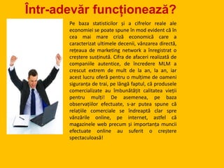 Într-adevăr funcționează?
Pe baza statisticilor și a cifrelor reale ale
economiei se poate spune în mod evident că în
cea mai mare criză economică care a
caracterizat ultimele decenii, vânzarea directă,
rețeaua de marketing network a înregistrat o
creștere susținută. Cifra de afaceri realizată de
companiile autentice, de încredere MLM a
crescut extrem de mult de la an, la an, iar
acest lucru oferă pentru o mulțime de oameni
siguranța de trai, pe lângă faptul, că produsele
comercializate au îmbunătățit calitatea vieții
pentru mulți! De asemenea, pe baza
observațiilor efectuate, s-ar putea spune că
relațiile comerciale se îndreaptă clar spre
vânzările online, pe internet, astfel că
magazinele web precum și importanța muncii
efectuate online au suferit o creștere
spectaculoasă!
 