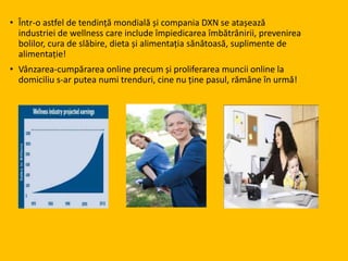 • Într-o astfel de tendință mondială și compania DXN se atașează
industriei de wellness care include împiedicarea îmbătrânirii, prevenirea
bolilor, cura de slăbire, dieta și alimentația sănătoasă, suplimente de
alimentație!
• Vânzarea-cumpărarea online precum și proliferarea muncii online la
domiciliu s-ar putea numi trenduri, cine nu ține pasul, rămâne în urmă!
 