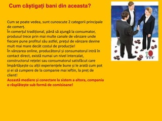 Cum câștigați bani din aceasta?
Cum se poate vedea, sunt cunoscute 2 categorii principale
de comerț.
În comerțul tradițional, până să ajungă la consumator,
produsul trece prin mai multe canale de vânzare unde
fiecare pune profitul său astfel, prețul de vânzare devine
mult mai mare decât costul de producție!
În vânzarea online, producătorul și consumatorul intră în
contact direct, există numai un nivel intercalat,
constructorul rețelei sau consumatorul satisfăcut care
împărtășește cu alții experiențele bune și le arată cum pot
și ei să cumpere de la companie mai ieftin, la preț de
client!
Această mediere și conectare la sistem a altora, compania
o răsplătește sub formă de comisioane!
 