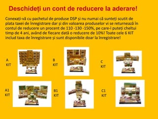 Deschideți un cont de reducere la aderare!
Conexați-vă cu pachetul de produse DSP și nu numai că sunteți scutit de
plata taxei de înregistrare dar și din valoarea produselor vi se returnează în
contul de reducere un procent de 110 -130 -150%, pe care-l puteți cheltui
timp de 4 ani, având de fiecare dată o reducere de 10%! Toate cele 6 KIT
includ taxa de înregistrare și sunt disponibile doar la înregistrare!
A
KIT
B
KIT
C
KIT
A1
KIT
B1
KIT
C1
KIT
 