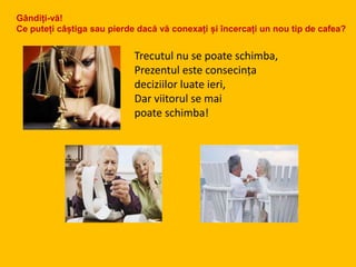 Trecutul nu se poate schimba,
Prezentul este consecința
deciziilor luate ieri,
Dar viitorul se mai
poate schimba!
Gândiți-vă!
Ce puteți câștiga sau pierde dacă vă conexați și încercați un nou tip de cafea?
 