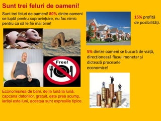 Sunt trei feluri de oameni!
Sunt trei feluri de oameni! 80% dintre oameni
se luptă pentru supraviețuire, nu fac nimic
pentru ca să le fie mai bine!
Economisirea de bani, de la lună la lună,
capcana datoriilor, gratuit, este prea scump,
iarăși este luni, acestea sunt expresiile tipice.
15% profită
de posibilități.
5% dintre oameni se bucură de viață,
direcționează fluxul monetar și
dictează procesele
economice!
 