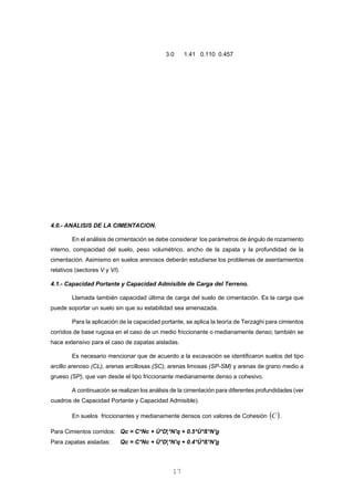 3.0 1.41 0.110 0.457
4.0.- ANALISIS DE LA CIMENTACION.
En el análisis de cimentación se debe considerar los parámetros de ángulo de rozamiento
interno, compacidad del suelo, peso volumétrico, ancho de la zapata y la profundidad de la
cimentación. Asimismo en suelos arenosos deberán estudiarse los problemas de asentamientos
relativos (sectores V y VI).
4.1.- Capacidad Portante y Capacidad Admisible de Carga del Terreno.
Llamada también capacidad última de carga del suelo de cimentación. Es la carga que
puede soportar un suelo sin que su estabilidad sea amenazada.
Para la aplicación de la capacidad portante, se aplica la teoría de Terzaghi para cimientos
corridos de base rugosa en el caso de un medio friccionante o medianamente denso; también se
hace extensivo para el caso de zapatas aisladas.
Es necesario mencionar que de acuerdo a la excavación se identificaron suelos del tipo
arcillo arenoso (CL), arenas arcillosas (SC), arenas limosas (SP-SM) y arenas de grano medio a
grueso (SP), que van desde el tipo friccionante medianamente denso a cohesivo.
A continuación se realizan los análisis de la cimentación para diferentes profundidades (ver
cuadros de Capacidad Portante y Capacidad Admisible).
En suelos friccionantes y medianamente densos con valores de Cohesión .( )C
Para Cimientos corridos: Qc = C*Nc + Ù*D¦*N'q + 0.5*Ù*ß*N'g
Para zapatas aisladas: Qc = C*Nc + Ù*D¦*N'q + 0.4*Ù*ß*N'g
17
 