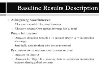 Baseline Results Description


As bargaining power increases:





Private Information:





Allocation towards HH account increases
Allocation towards Own account increases half as much
Decreases allocation towards HH account (Player A = information
advantage)
Statistically equal for those who choose to conceal

By construction allocation towards own account:



Increases for Player A
Decreases for Player B – knowing there is asymmetric information
increases sharing (other’s account)

 