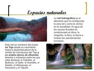 Espacios naturales Esta red se compone del propio  río Tajo  desde su nacimiento hasta la desembocadura de la rambla de Carrascosa del Tajo  y un amplio elenco de afluentes  directos e indirectos entre los que cabe destacar  el Cabrillas, el Bullones, el Gallo, el Arandilla, el Salado, el Ablanquejo, el Hoceseca y el Tajuelo.   La  red hidrográfica  es el elemento que ha configurado la zona tal y como la vemos en la actualidad. El agua de los cauces fluviales ha condicionado el clima, la orografía, la flora, la fauna e incluso los asentamientos humanos. 