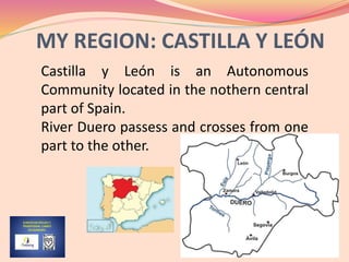 MY REGION: CASTILLA Y LEÓN
Castilla y León is an Autonomous
Community located in the nothern central
part of Spain.
River Duero passess and crosses from one
part to the other.
 