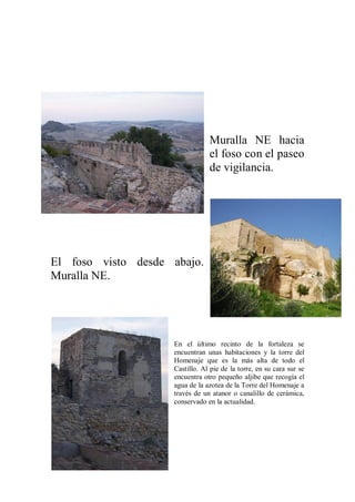 Muralla NE hacia
el foso con el paseo
de vigilancia.
El foso visto desde abajo.
Muralla NE.
En el último recinto de la fortaleza se
encuentran unas habitaciones y la torre del
Homenaje que es la más alta de todo el
Castillo. Al pie de la torre, en su cara sur se
encuentra otro pequeño aljibe que recogía el
agua de la azotea de la Torre del Homenaje a
través de un atanor o canalillo de cerámica,
conservado en la actualidad.
 