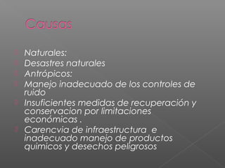    Naturales:
   Desastres naturales
   Antrópicos:
   Manejo inadecuado de los controles de
    ruido
   Insuficientes medidas de recuperación y
    conservacion por limitaciones
    económicas .
   Carencvia de infraestructura e
    inadecuado manejo de productos
    quimicos y desechos peligrosos
 