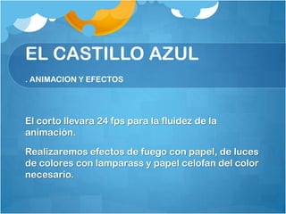 EL CASTILLO AZUL
. ANIMACION Y EFECTOS




El corto llevara 24 fps para la fluidez de la
animación.

Realizaremos efectos de fuego con papel, de luces
de colores con lamparass y papel celofan del color
necesario.
 