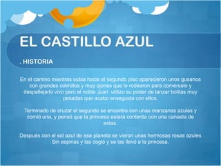 EL CASTILLO AZUL
. HISTORIA

En el camino mientras subia hacia el segundo piso aparecieron unos gusanos
    con grandes colmillos y muy ojones que lo rodearon para comérselo y
 despellejarlo vivo pero el noble Juan utilizo su poder de lanzar bolitas muy
                   pesadas que acabo enseguida con ellos.

 Terminado de cruzar el segundo se encontro con unas manzanas azules y
  comió una, y pensó que la princesa estará contenta con una canasta de
                                  estas.

Después con el sol azul de ese planeta se vieron unas hermosas rosas azules
            Sin espinas y las cogió y se las llevó a la princesa.
 