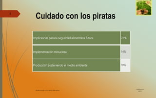 Implicancias para la seguridad alimentaria futura 76%
Implementación minuciosa 14%
Producción sosteniendo el medio ambiente 10%
Cuidado con los piratas
Certificacion
MOS
Biotecnología una nueva alternativa.
4
 