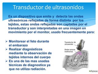 Transductor de ultrasonidos
Es un dispositivo que emite y detecta las ondas
ultrasónicas reflejadas de forma distinta por los
tejidos, estas ondas reflejadas son captadas por el
transductor y son interpretadas en una imagen en
movimiento por el monitor, usado frecuentemente para:
 Monitorear el feto durante
el embarazo
 Realizar diagnósticos
mediante la observación de
tejidos internos del cuerpo
 Es una de las mas usadas
técnicas de diagnostico ya
que no utiliza radiación.

 