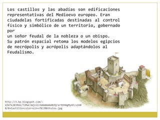 Los castillos y las abadías son edificaciones
representativas del Medioevo europeo. Eran
ciudadelas fortificadas destinadas al control
físico y simbólico de un territorio, gobernado
por
un señor feudal de la nobleza o un obispo.
Su patrón espacial retoma los modelos egipcios
de necrópolis y acrópolis adaptándolos al
Feudalismo.
http://3.bp.blogspot.com/-
VZmTk20JR6k/T2MaCJWjnlI/AAAAAAAABZQ/er9VHAgMyXE/s160
0/0+Castillo+color+sin+r%C3%B3tulos.jpg
 