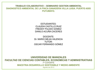 TRABAJO COLABORATIVO – SEMINARIO GESTION AMBIENTAL
DIAGNOSTICO AMBIENTAL DE LA FINCA GANADERA VILLA LUISA. PUERTO ASIS
PUTUMAYO.
ESTUDIANTES:
CLAUDIA CASTILLO RUIZ
FREDDY PULIDO GÓMEZ
DANILO ACUÑA CACERES
DOCENTE:
Dr. MARIO MEJIA VALENCIA
TUTOR:
OSCAR FERNANDO GÓMEZ
UNIVERSIDAD DE MANIZALES
FACULTAD DE CIENCIAS CONTABLES, ECONOMICAS Y ADMINISTRATIVAS
7ª COHORTE
MAESTRIA DESARROLLO SOSTENIBLE Y MEDIO AMBIENTE
Agosto de 2013
 