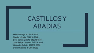 CASTILLOSY
ABADIAS
Mafe Zuluaga 612018 1032
Natalia pórtela 612018 1048
Ever camilo Caleño 6120181034
Juan Felipe campos 6...