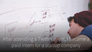 After attending a Twitter event, I became a
paid intern for a startup companyWhiteboard-sketching-design-planning-7366. 2015, https://www.pexels.com/photo/whiteboard-
sketching-design-planning-7366/. Accessed 24 Feb. 2017.
 