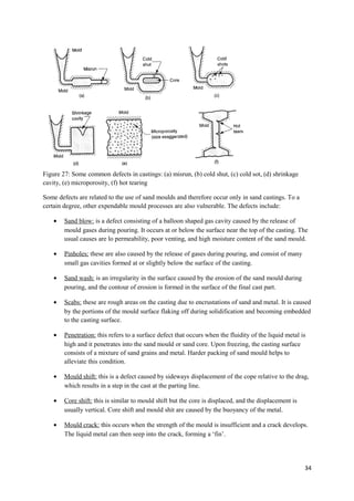 Figure 27: Some common defects in castings: (a) misrun, (b) cold shut, (c) cold sot, (d) shrinkage
cavity, (e) microporosity, (f) hot tearing

Some defects are related to the use of sand moulds and therefore occur only in sand castings. To a
certain degree, other expendable mould processes are also vulnerable. The defects include:

    •   Sand blow: is a defect consisting of a balloon shaped gas cavity caused by the release of
        mould gases during pouring. It occurs at or below the surface near the top of the casting. The
        usual causes are lo permeability, poor venting, and high moisture content of the sand mould.

    •   Pinholes: these are also caused by the release of gases during pouring, and consist of many
        small gas cavities formed at or slightly below the surface of the casting.

    •   Sand wash: is an irregularity in the surface caused by the erosion of the sand mould during
        pouring, and the contour of erosion is formed in the surface of the final cast part.

    •   Scabs: these are rough areas on the casting due to encrustations of sand and metal. It is caused
        by the portions of the mould surface flaking off during solidification and becoming embedded
        to the casting surface.

    •   Penetration: this refers to a surface defect that occurs when the fluidity of the liquid metal is
        high and it penetrates into the sand mould or sand core. Upon freezing, the casting surface
        consists of a mixture of sand grains and metal. Harder packing of sand mould helps to
        alleviate this condition.

    •   Mould shift: this is a defect caused by sideways displacement of the cope relative to the drag,
        which results in a step in the cast at the parting line.

    •   Core shift: this is similar to mould shift but the core is displaced, and the displacement is
        usually vertical. Core shift and mould shit are caused by the buoyancy of the metal.

    •   Mould crack: this occurs when the strength of the mould is insufficient and a crack develops.
        The liquid metal can then seep into the crack, forming a ‘fin’.




                                                                                                        34
 