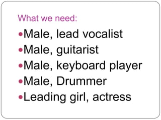 What we need:

Male, lead vocalist
Male, guitarist
Male, Drummer
Leading girl, actress
 