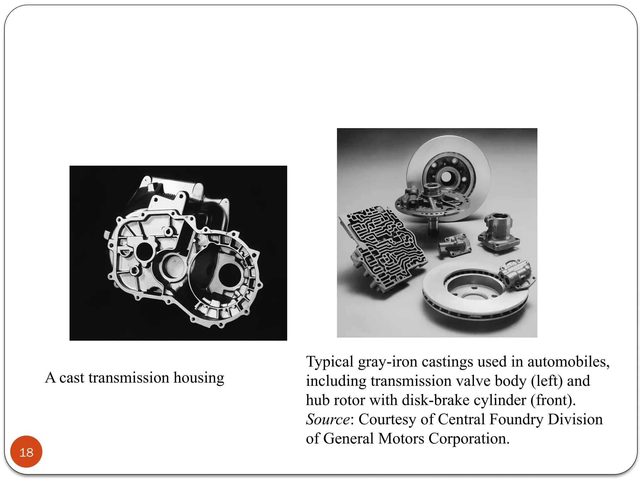 18
A cast transmission housing
Typical gray-iron castings used in automobiles,
including transmission valve body (left) and
hub rotor with disk-brake cylinder (front).
Source: Courtesy of Central Foundry Division
of General Motors Corporation.
 