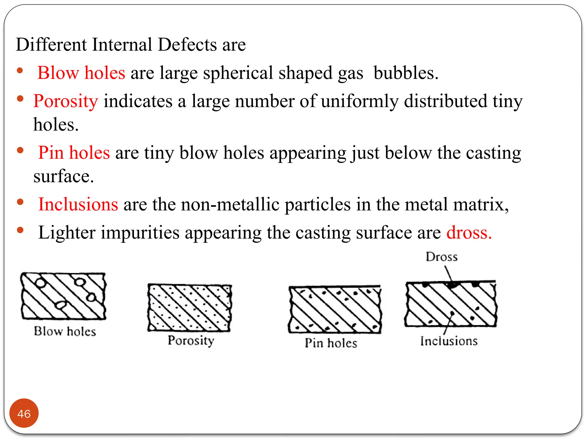 46
Different Internal Defects are
 Blow holes are large spherical shaped gas bubbles.
 Porosity indicates a large number of uniformly distributed tiny
holes.
 Pin holes are tiny blow holes appearing just below the casting
surface.
 Inclusions are the non-metallic particles in the metal matrix,
 Lighter impurities appearing the casting surface are dross.
 