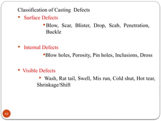 42
Classification of Casting Defects
 Surface Defects
Blow, Scar, Blister, Drop, Scab, Penetration,
Buckle
 Internal Defects
Blow holes, Porosity, Pin holes, Inclusions, Dross
 Visible Defects
 Wash, Rat tail, Swell, Mis run, Cold shut, Hot tear,
Shrinkage/Shift
 