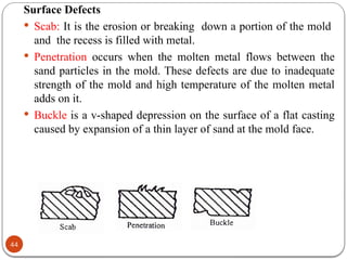 44
Surface Defects
 Scab: It is the erosion or breaking down a portion of the mold
and the recess is filled with metal.
 Penetration occurs when the molten metal flows between the
sand particles in the mold. These defects are due to inadequate
strength of the mold and high temperature of the molten metal
adds on it.
 Buckle is a v-shaped depression on the surface of a flat casting
caused by expansion of a thin layer of sand at the mold face.
 