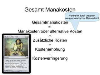 Gesamt Manakosten
Gesamtmanakosten
=
Manakosten oder alternative Kosten
+
Zusätzliche Kosten
+
Kostenerhöhung
–
Kostenverringerung
Verändert durch Optionen
wie phyrexianisches Mana oder X
 