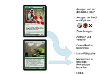 
Ansagen und auf
den Stapel legen

Ansagen der Modi
und Optionen

Ziele Ansagen

Aufteilen und
Verteilen

Gesamtkosten
bestimmen

Mana Fähigkeiten

Manakosten in
beliebiger
Reihenfolge
bezahlen

Fertig!
 