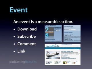 Event
  An event is a measurable action.
  •   Download
  •   Subscribe
  •   Comment
  •   Link

podcastingReasons
 