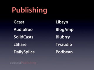 Publishing
  Gcast             Libsyn
  AudioBoo          BlogAmp
  SolidCasts        Blubrry
  zShare            Twaudio
...