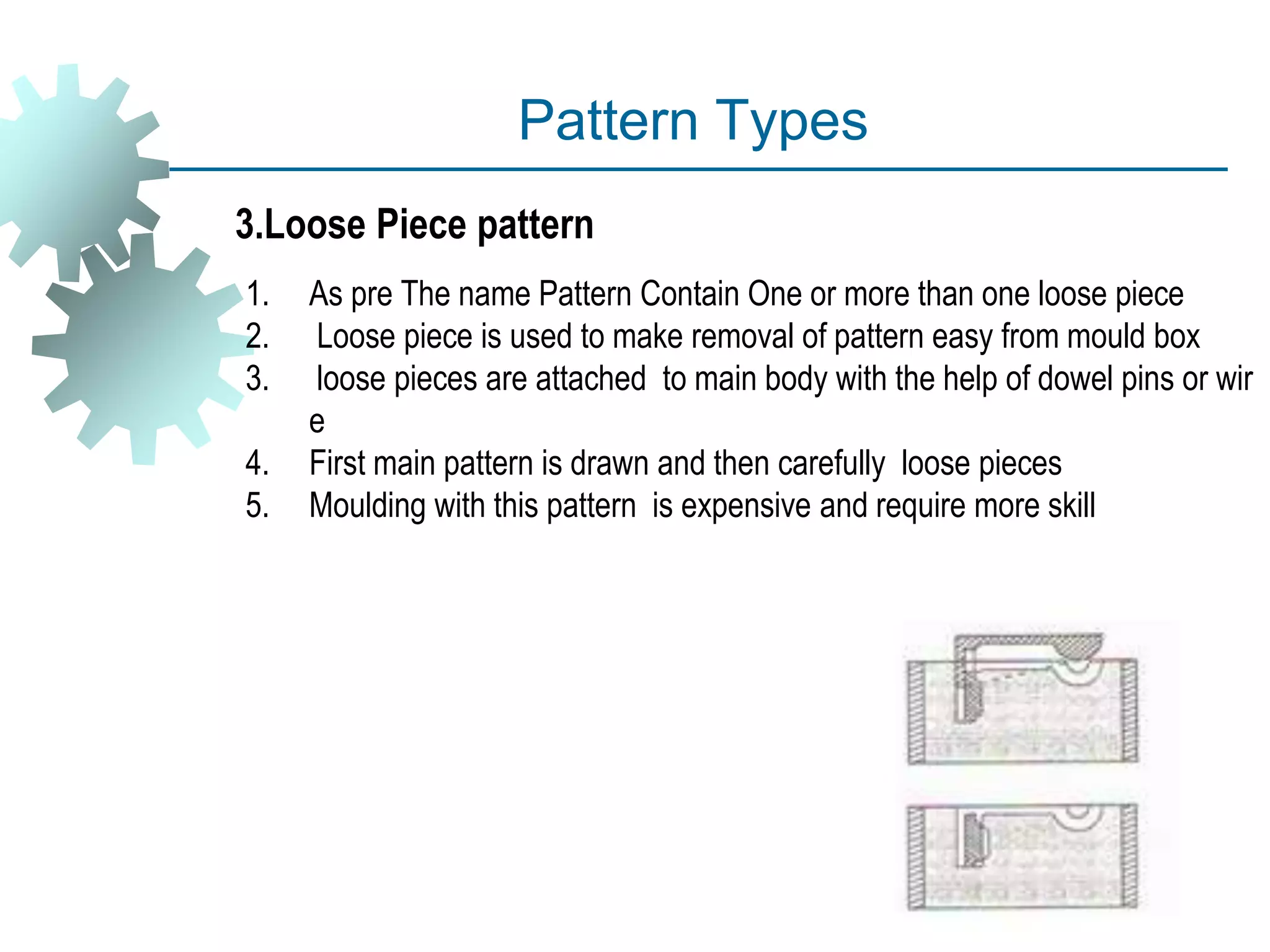 Pattern Types
1. As pre The name Pattern Contain One or more than one loose piece
2. Loose piece is used to make removal of pattern easy from mould box
3. loose pieces are attached to main body with the help of dowel pins or wir
e
4. First main pattern is drawn and then carefully loose pieces
5. Moulding with this pattern is expensive and require more skill
3.Loose Piece pattern
 