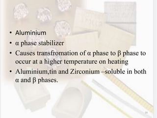 • Aluminium
• α phase stabilizer
• Causes transfromation of α phase to β phase to
occur at a higher temperature on heating
• Aluminium,tin and Zirconium –soluble in both
α and β phases.
59
 