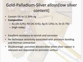 Gold-Palladium-Silver alloys(low silver
content)
• Contain 5% to 11.99% Ag
• Composition
– Au (45-52%); Pd (26-31%); Ag (5-12%); In, Sn (5-7%)
– (high noble)
• Excellent resistance to tarnish and corrosion
• No technique sensitivity associated with porcelain bonding
and thermal contraction
• Disadvantage- porcelain discoloration when silver vapour is
released and deposited on porcelain surface
68
 