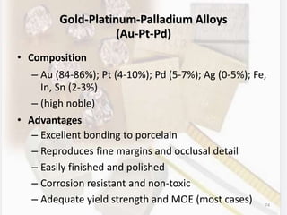 74
Gold-Platinum-Palladium Alloys
(Au-Pt-Pd)
• Composition
– Au (84-86%); Pt (4-10%); Pd (5-7%); Ag (0-5%); Fe,
In, Sn (2-3%)
– (high noble)
• Advantages
– Excellent bonding to porcelain
– Reproduces fine margins and occlusal detail
– Easily finished and polished
– Corrosion resistant and non-toxic
– Adequate yield strength and MOE (most cases)
 