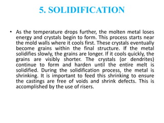 5. SOLIDIFICATION
• As the temperature drops further, the molten metal loses
energy and crystals begin to form. This process starts near
the mold walls where it cools first. These crystals eventually
become grains within the final structure. If the metal
solidifies slowly, the grains are longer. If it cools quickly, the
grains are visibly shorter. The crystals (or dendrites)
continue to form and harden until the entire melt is
solidified. During the solidification process, the metal is
shrinking. It is important to feed this shrinking to ensure
the castings are free of voids and shrink defects. This is
accomplished by the use of risers.
 