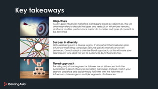 Key takeaways
Objectives
Always plan influencer marketing campaigns based on objectives. This will
allow marketers to deci...